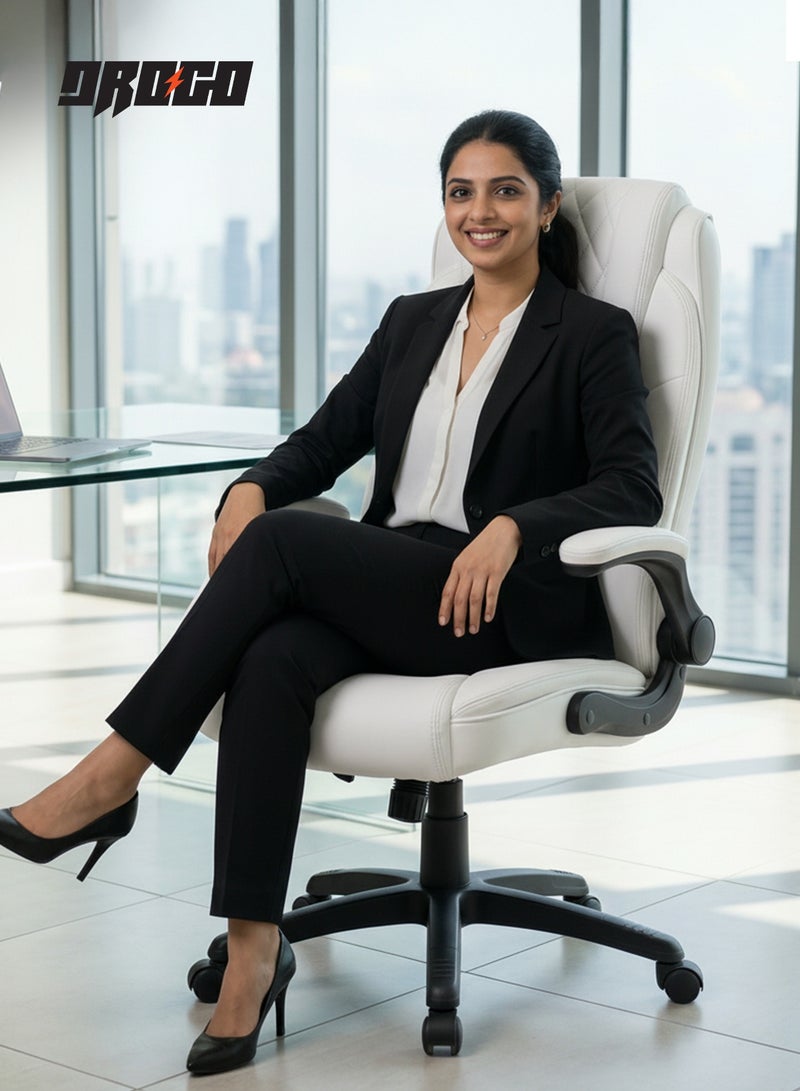 DROGO Ergonomic Premium Leatherette Office Chair for Work at Home, Computer Chair with Flip-Up Armrest, Height Adjustable Leather Seat, Cushioned Headrest, & Lumbar Support | Desk Chair with Multi Level Reclining White - Image 2